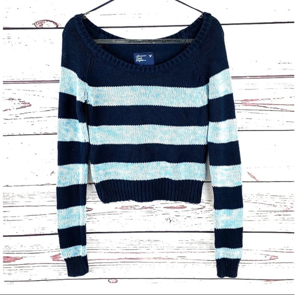 AMERICAN EAGLE | Blue Striped Boatneck Sweater